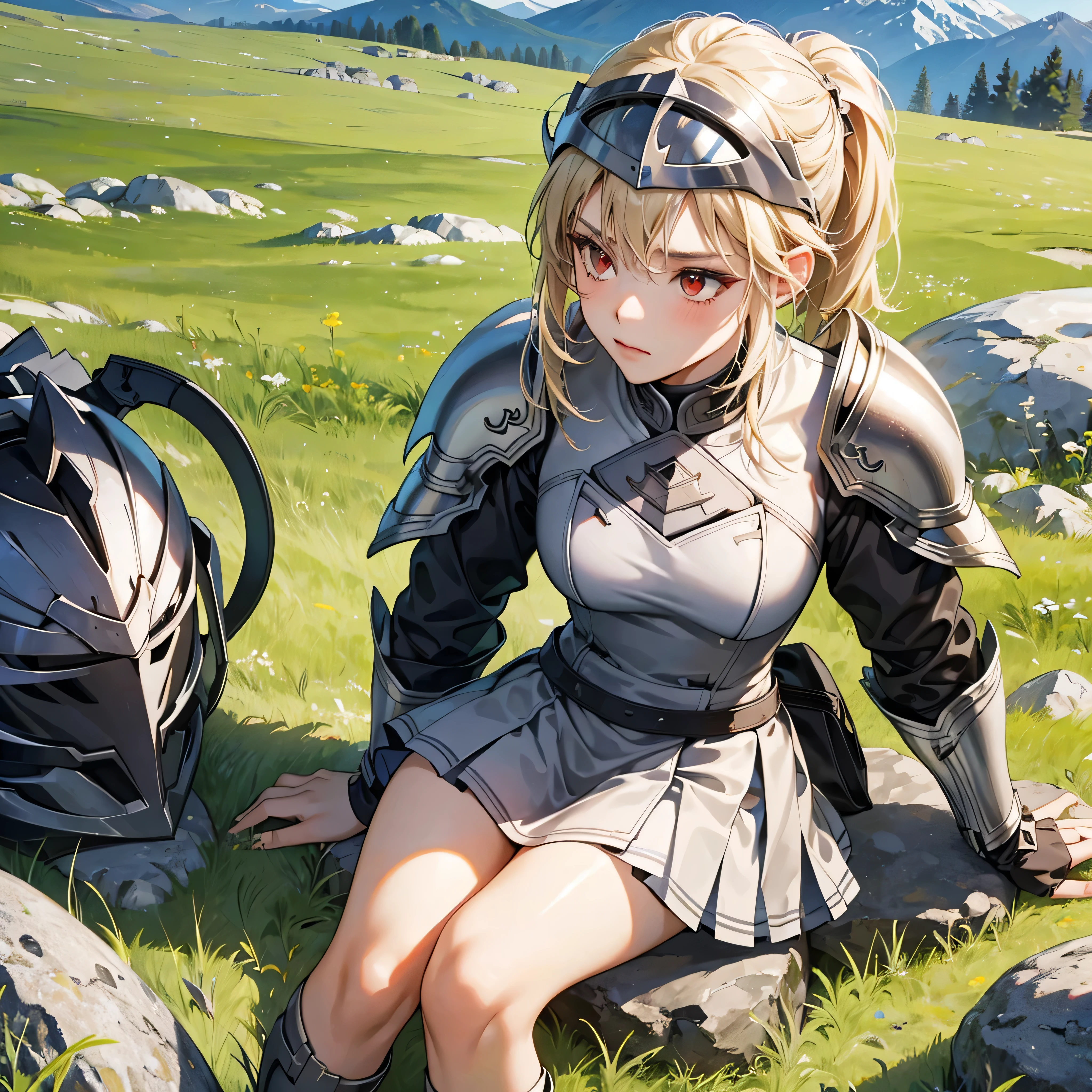 1knight girl, wearing helmet, silver armor and short skirt, pony tail blonde hair, red eyes, tsundere, sitting on the rock, grass field, mountain background, looking at the viewer