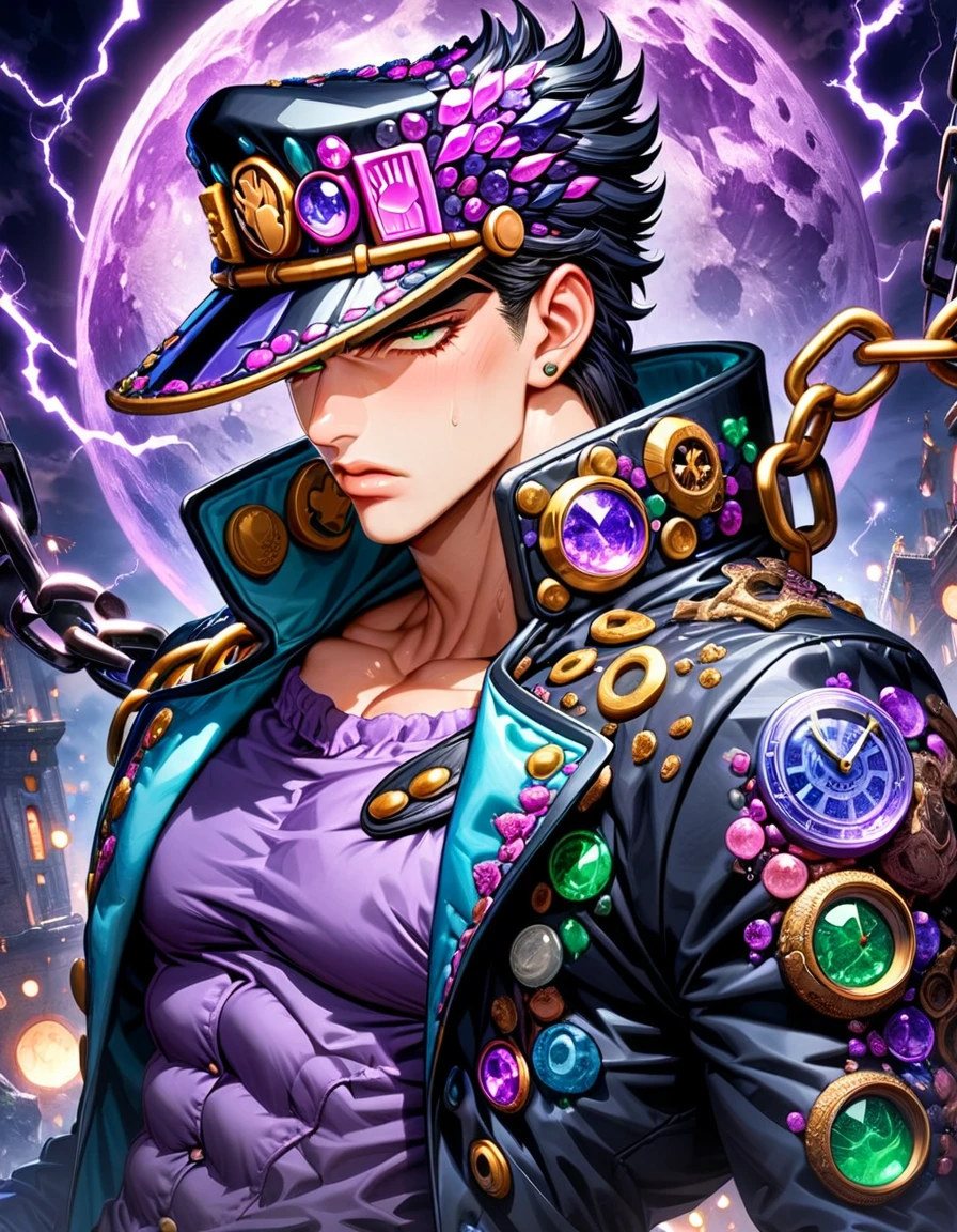 absurdres, highres, ultra detailed, HDR, master piece, best quality, Jotaro Kujo, black hair, expressive green eyes, Jojo bizarre adventure, solo, sexy man, handsome, black hat, black leather coat, purple shirt, clock mechanical purple moon, fantasy, chains, purple fireflies, purple lightning, void