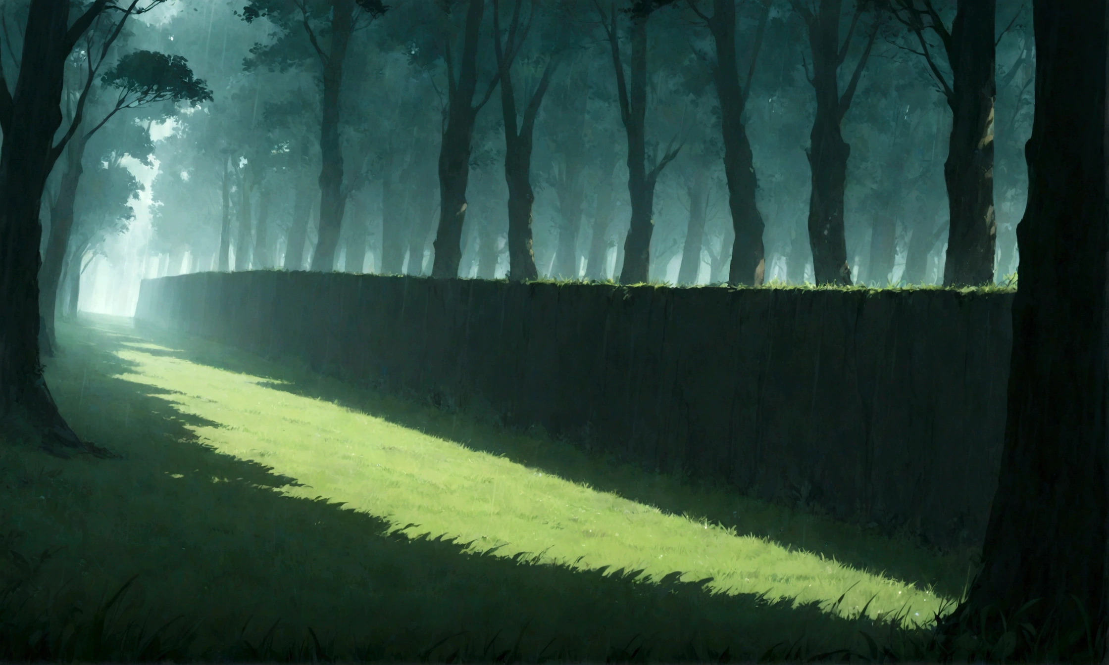 Dense, dark forest seen from the edge of a bright grassy field, the trees forming a thick, shadowy wall, raining heavily --ar 16:9