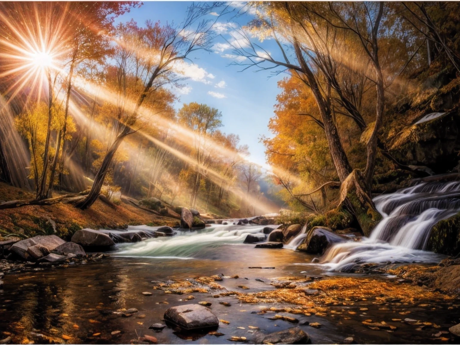 picture of a stream in a forest with stones and trees, two trees, Based on Mark Keatley, beautiful matte oil painting, autumn tranquility, autumn, (falling leaves), In the style of Albert Bierstadt, Detailed painting 4k, inspired by Albert Bierstadt, Landscape, Albert Bierstadt, Greg Rutkowski, breathtaking art, Virtual landscape painting in 3D, Hyper-Realistic Fall, Albert Bierstadt 4K