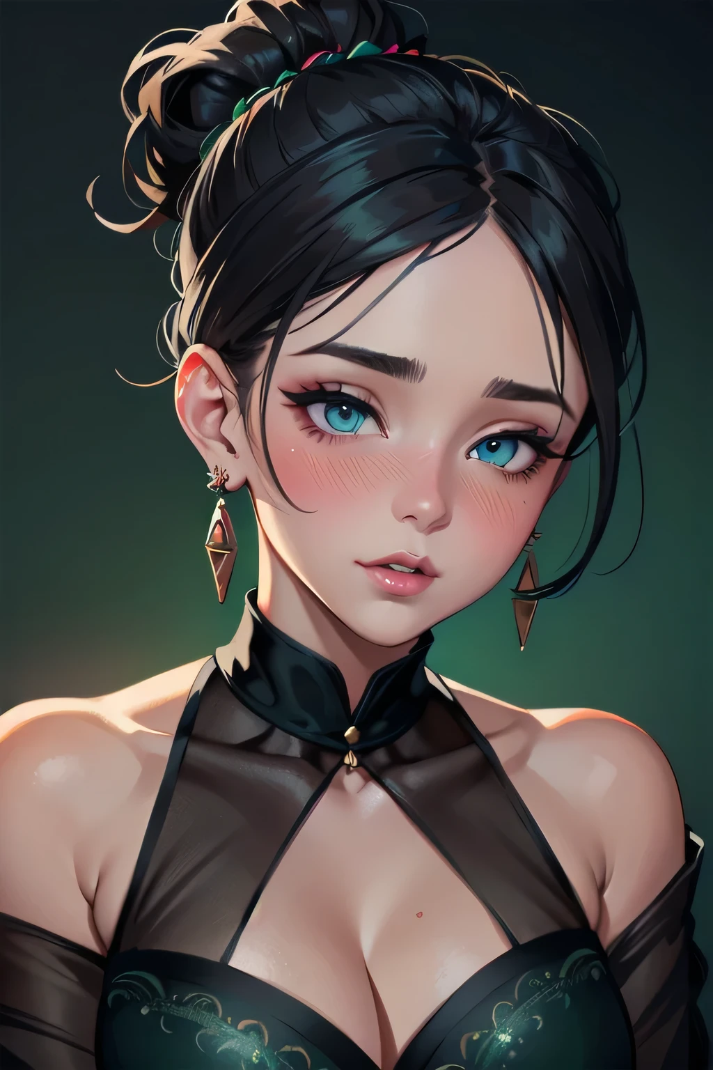 Amazing portrait of a sexy woman with a beautiful face emphasized by amazing makeup and beautifully detailed eyes with perfect lips wearing her black hair in a messy bun blushing intensely as she's flustered and lustful wearing some elegant earrings and a black blouse paired with a sheer dark green saree making her look hot with vibrant colors and soft lighting