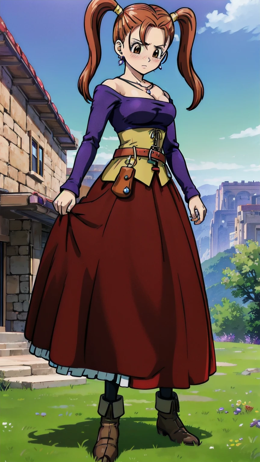 masterpiece,best quality,highres,ultra-detailed,aajessica,brown eyes,long hair,twintails,earrings,necklace,strapless dress,purple shirt,long sleeves,corset,belt,red skirt,long skirt,frills,black pantyhose,boots,blush,(embarrass:1.2),outdoors