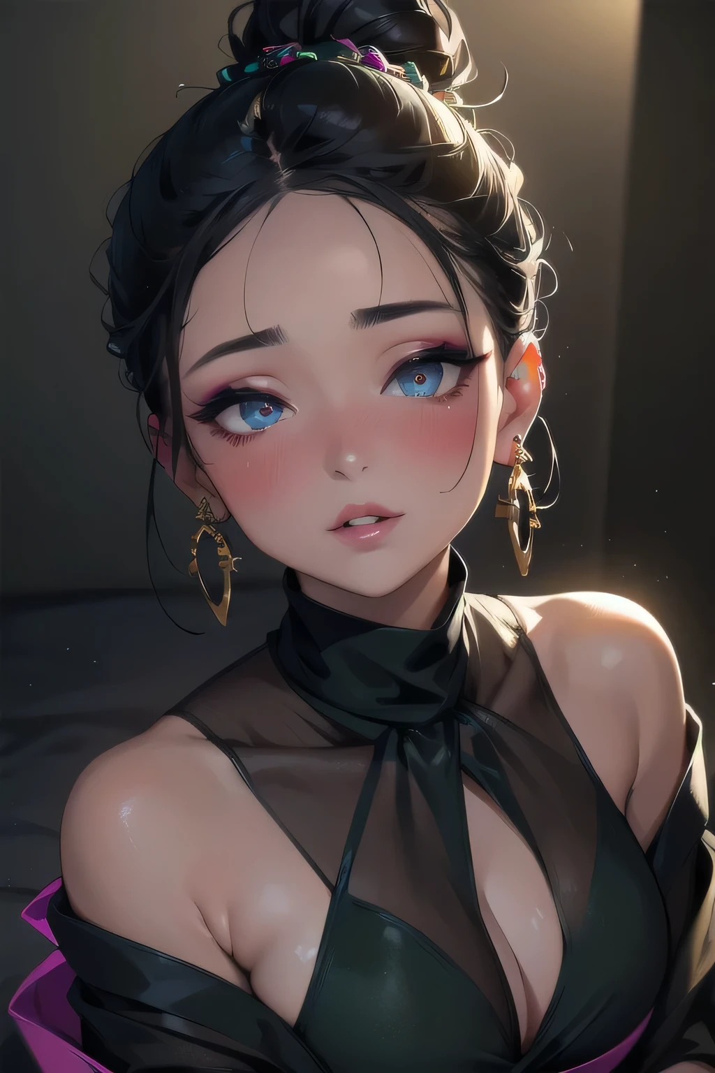 Amazing portrait of a sexy woman with a beautiful face emphasized by amazing makeup and beautifully detailed eyes with perfect lips wearing her black hair in a messy bun blushing intensely as she's flustered and lustful wearing some elegant earrings and a black blouse paired with a sheer dark green saree making her look hot with vibrant colors and soft lighting