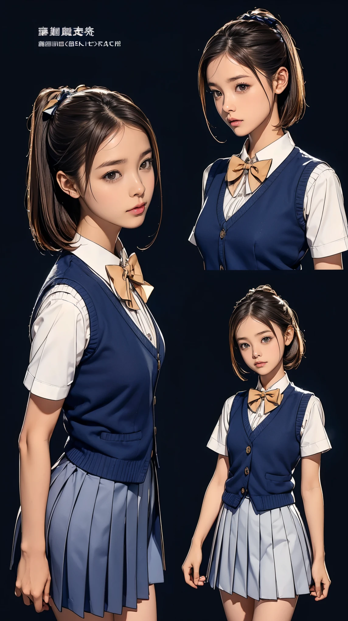 ((masterpiece)),(((highest quality))),((Reference Sheet, Character Design, front, return, ~ ~ side, Mr..々Hairstyle, Mr..々Performance, Facial Expressions)), 14-year-old girl, Cute type, (Very slim:1.4), (Very small ass:1.4), Realistic buttocks, Big Breasts, Short Bob, Thin thighs, Long legs, It's not a big deal, ((High quality fabric, Brown knitted vest, Short sleeve white collar shirt, Navy Pleated Skirt, Navy bow tie)), ((Browsing Caution:1.0))