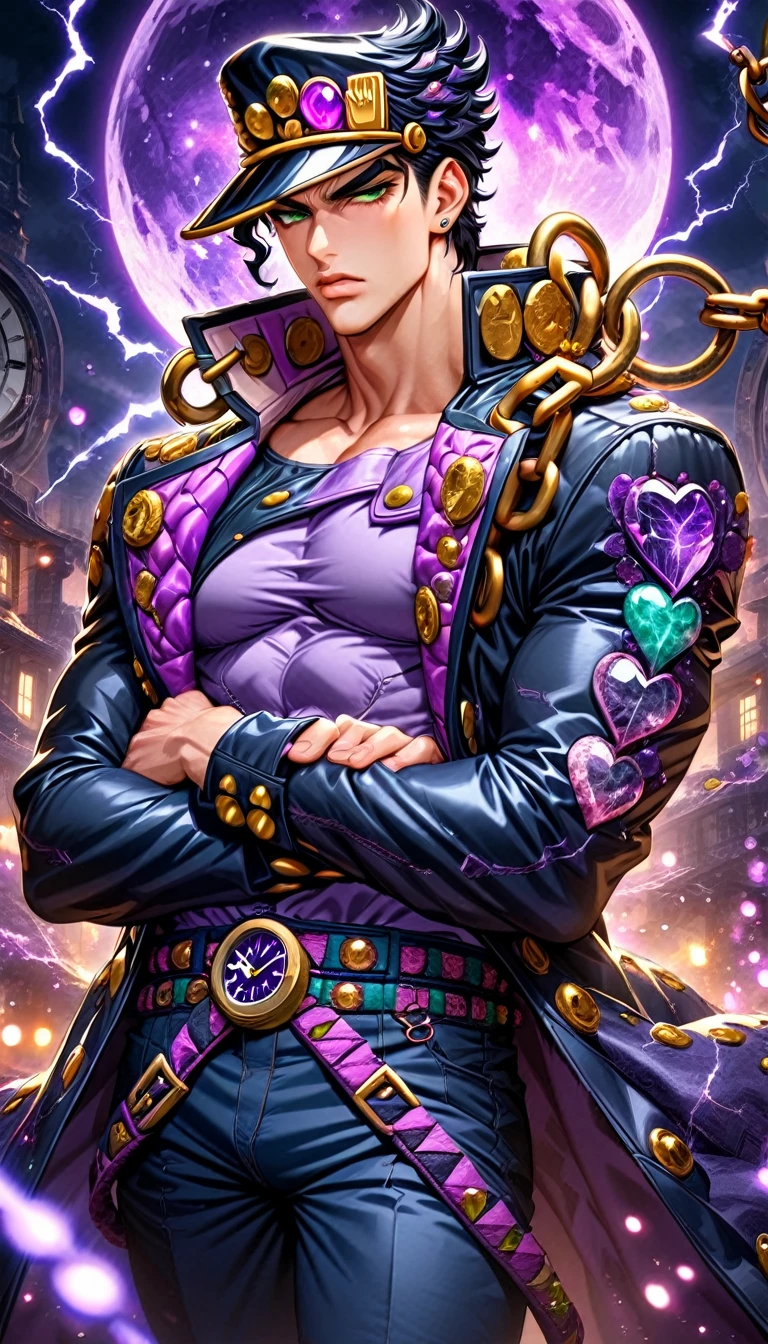 absurdres, highres, ultra detailed, HDR, master piece, best quality, Jotaro Kujo, black hair, expressive green eyes, Jojo bizarre adventure, solo, sexy man, handsome, black hat, black leather coat, purple shirt, clock mechanical purple moon, fantasy, chains, purple fireflies, purple lightning, void