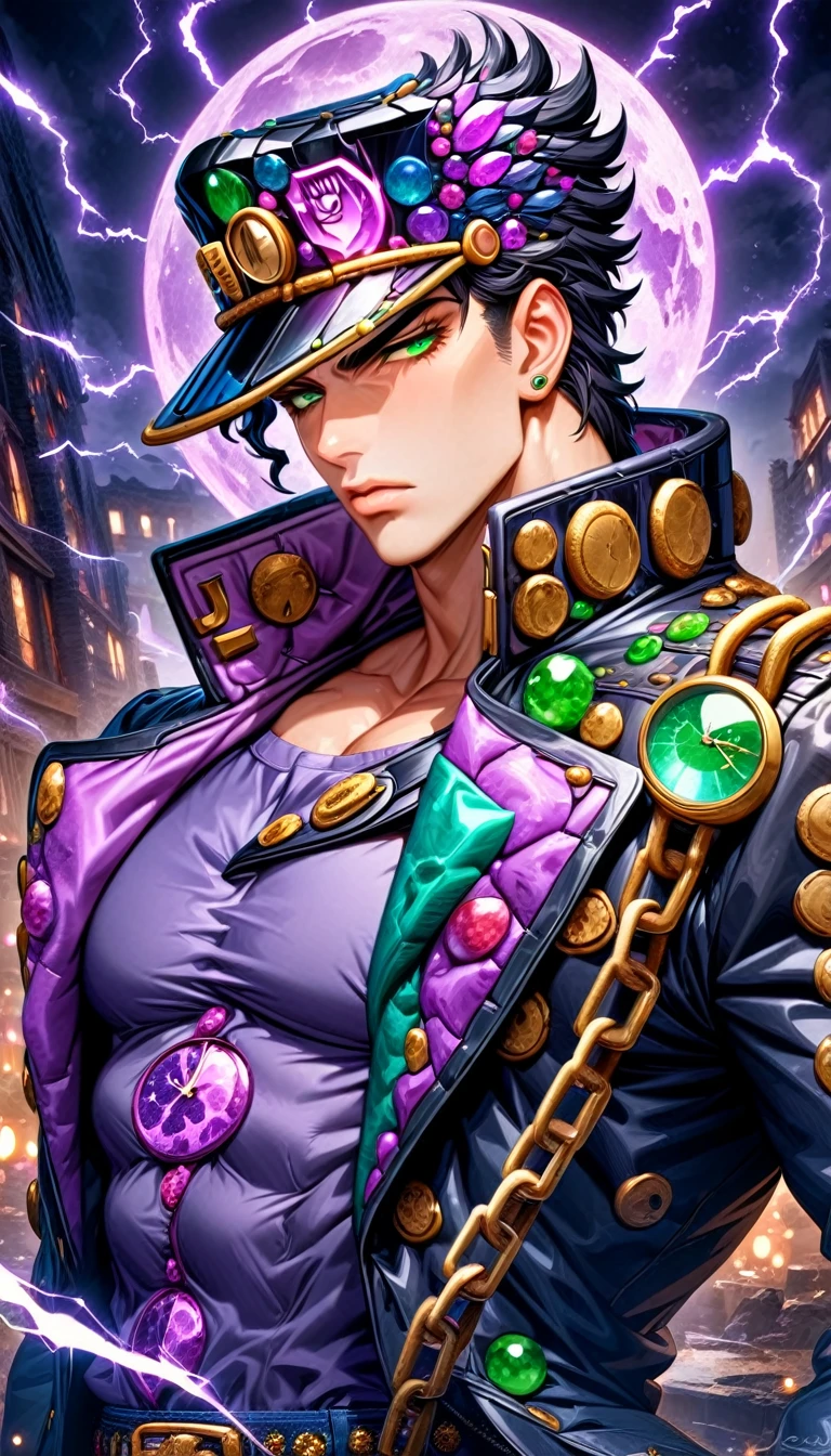 absurdres, highres, ultra detailed, HDR, master piece, best quality, Jotaro Kujo, black hair, expressive green eyes, Jojo bizarre adventure, solo, sexy man, handsome, black hat, black leather coat, purple shirt, clock mechanical purple moon, fantasy, chains, purple fireflies, purple lightning, void