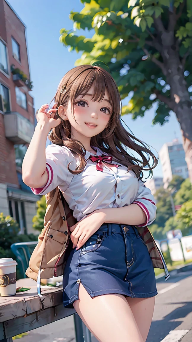 ((((highest quality)))), (((Ultra-precision CG 16K))), (((masterpiece))), (((Very detailed))), (((Extremely detailed))), (((Black outline:1.3, Written boundary depth:1.3 , Written soft outline))), Blur, Bokeh, Maximum clarity and sharpness,Multilayer Texture, Surface Shading, Cinematic lighting, Beautiful details sparkle ,Perfect Proportions, Limited to three woman, BREAK accurate, Anatomically correct, Highly detailed face and skin texture, drawn in detail, Highly detailed facial and skin texture, Detailed eyes, beautiful hair, Beautiful Japanese Idol face, Beautiful and beautiful eyes, Beautiful body, Beautiful breasts, Beautiful thighs, Beautiful legs, Beautiful fingers, (Beautiful views) , skinny body, ((Beautiful Skin)), ((Skin Texture)) BREAK breast enlarged, large Breasts, perky breast, (blush, smiling:1.3, brown eyes, pink cheek, Double eyelids, Thin eyebrows, narrow eyes:1.3, Natural cheeks, Glossy skin, Fair skin:1.2, (Glossy lips:1.4, shiny lips: 1.4 ), high school student, Attractive adult woman ) , Long-Hair:1.3, straight-Hair:1.3, Hair Intake, Inner hair color, [(gradient hair from black to yellow:1.4):0.4], BREAK (girly fashion, low rise mini skirt with slits, burberry check skirt, wearing outerwear outfits to button up) , nail art, necklace, Bridal Ring, wearing a watch BREAK (Stretching-upwards:1.3, stick breast out),( a girl relaxing in a cafe:1.3, book and coffee cup on table, sunny outdoors,:1.3 , from front, from below, looking at friends , bust up, cowboy shot), Hydrangea