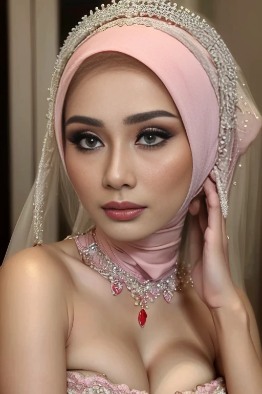 SHORT HIJAB, an adore woman, (dynamic photograph of a 25 year old Indonesian mature woman), (slim top, cotton panties), (straight non curly hair), (highly detailed face:1.4), (8k, uhd, dslr, high quality, cinematic lighting, bokeh), (dramatic, award winning photography, incredible masterpiece:1.3), (((sexy sultry stare at camera:0.8))), close up, ((putfed big breast, ample cleavage )), ((beautiful feminine face)), add_detail:1, ((Wearing strapless pastel)) lace yellow grey & red