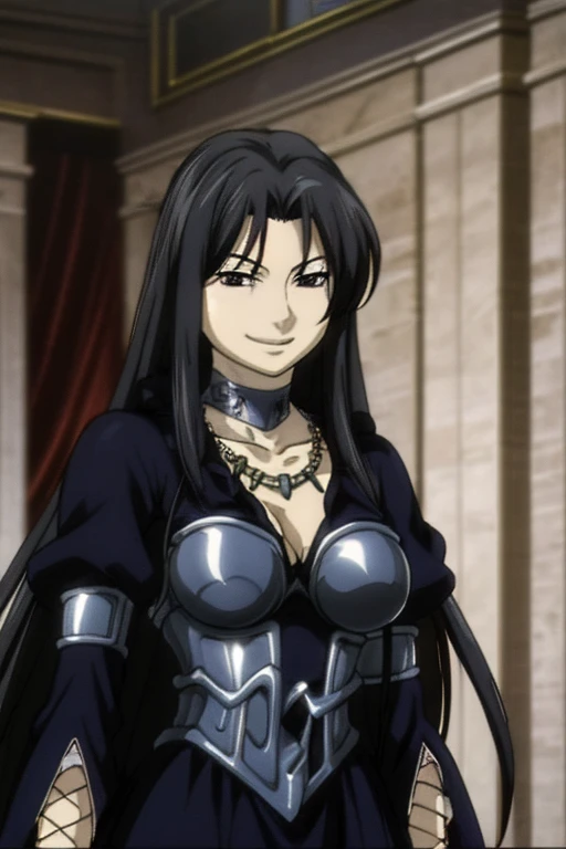 masterpiece, best quality, high quality details, 1girl, solo, breast, long hair, dress, purple eyes, very long hair, black hair, choker, collarbone, fingerless gloves, smile, bracelet, armor, upper body, breastplate, cleavage, necklace, jewelry, smile,