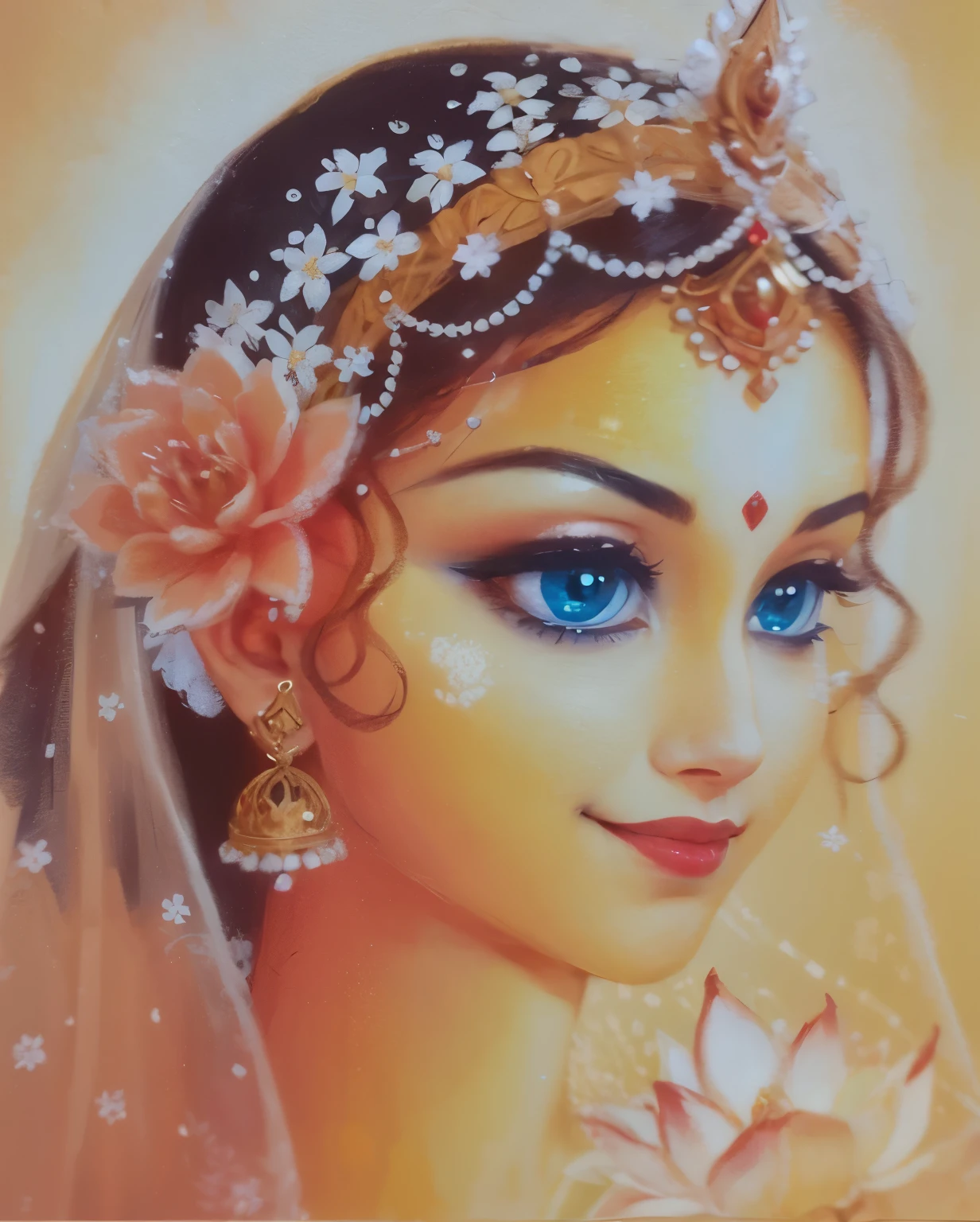 Shree Radharani, golden complexion, golden cloth, golden lotuses, blue large beautiful eyes, red lips, divine smile, adorable face, curly black hairs