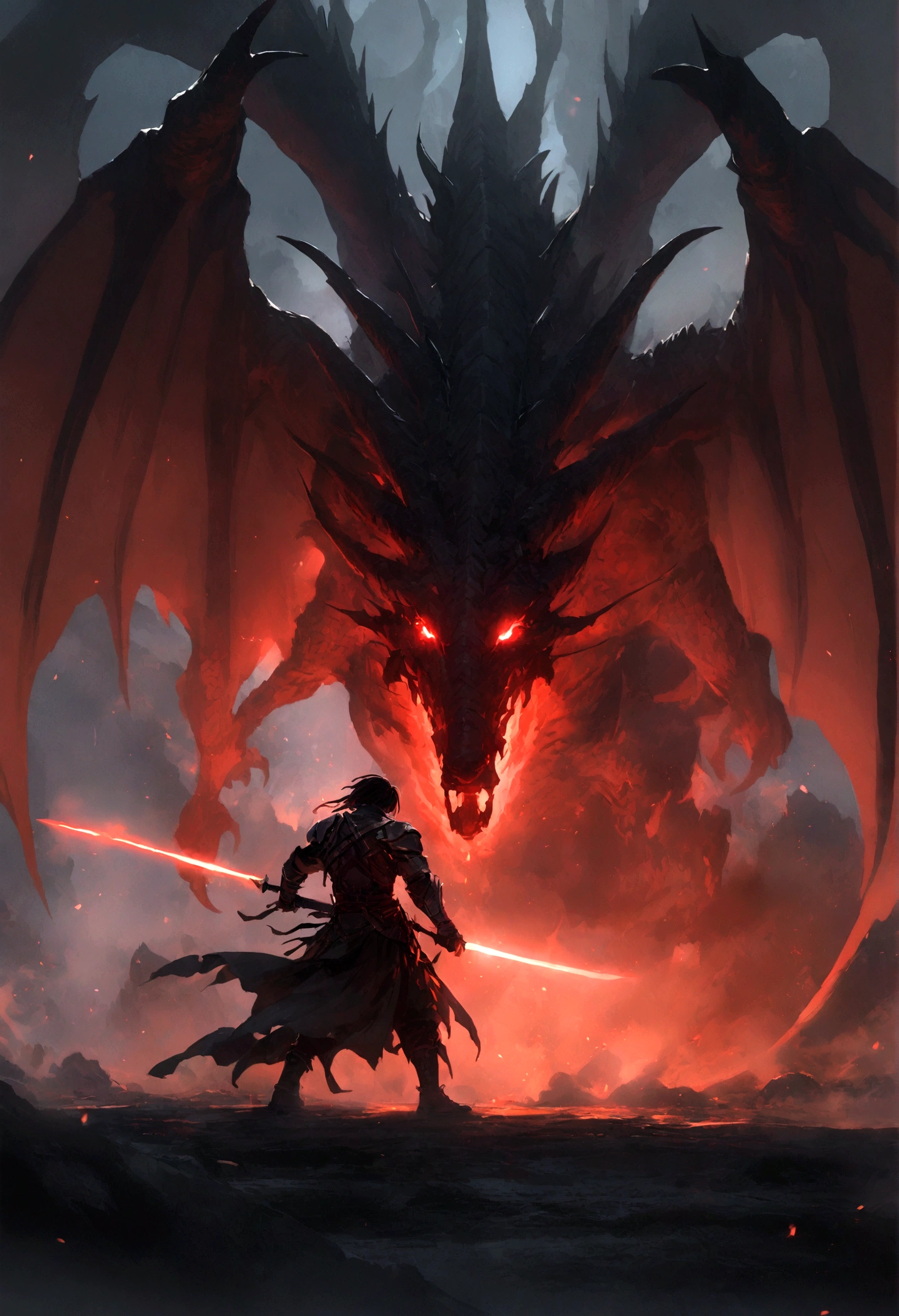 A warrior approaching a dragon with his sword drawn and the dragon with its back in the air and his head low to the ground an its mouth open and glowing red
