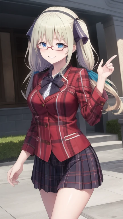 (masterpiece, best quality:1.2),illustration,8k,hd,1girl,solo,cowboy shot,very long hair,smile,fringe,blazer,blonde hair,blue eyes,breasts,plaid skirt,pleated skirt,red skirt,glasses,,hair between eyes,glasses on head,twintails,