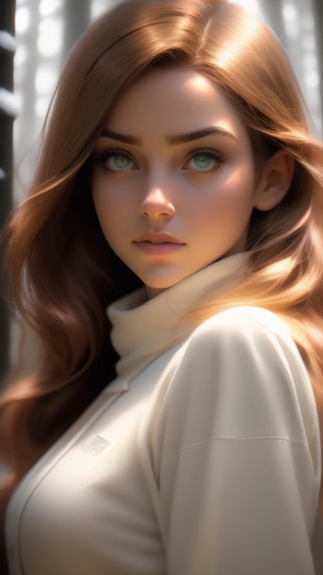 close up of a european woman, ginger hair, winter forest, natural skin texture, 24mm, 4k textures, soft cinematic light, RAW photo, photorealism, photorealistic, intricate, elegant, highly detailed, sharp focus, ((((cinematic look)))), soothing tones, insane details, intricate details, hyperdetailed, low contrast, soft cinematic light, dim colors, exposure blend, hdr, faded