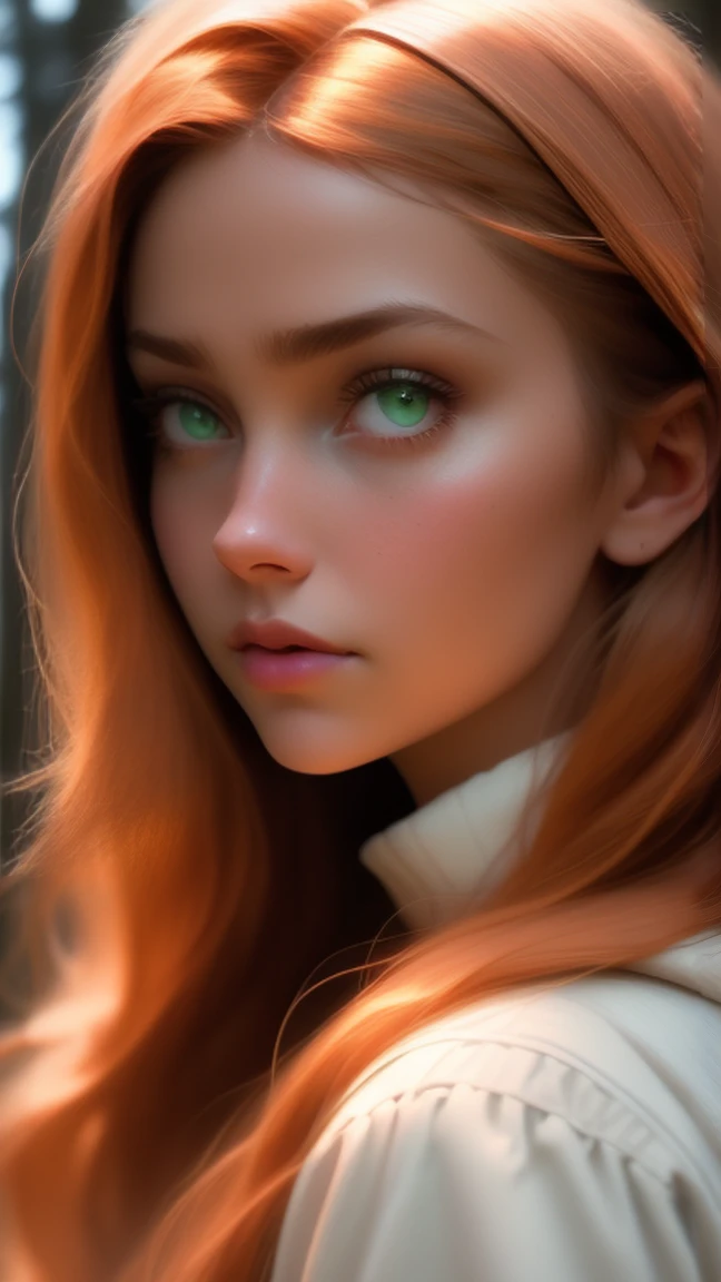 close up of a european woman, ginger hair, winter forest, natural skin texture, 24mm, 4k textures, soft cinematic light, RAW photo, photorealism, photorealistic, intricate, elegant, highly detailed, sharp focus, ((((cinematic look)))), soothing tones, insane details, intricate details, hyperdetailed, low contrast, soft cinematic light, dim colors, exposure blend, hdr, faded