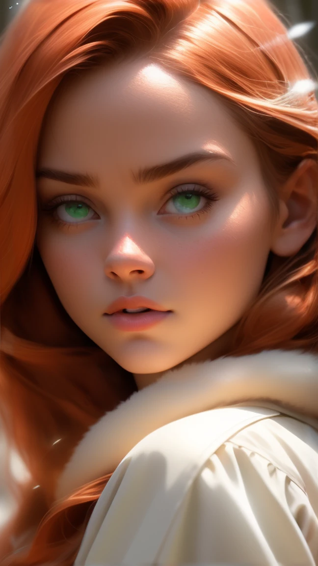 close up of a european woman, ginger hair, winter forest, natural skin texture, 24mm, 4k textures, soft cinematic light, RAW photo, photorealism, photorealistic, intricate, elegant, highly detailed, sharp focus, ((((cinematic look)))), soothing tones, insane details, intricate details, hyperdetailed, low contrast, soft cinematic light, dim colors, exposure blend, hdr, faded