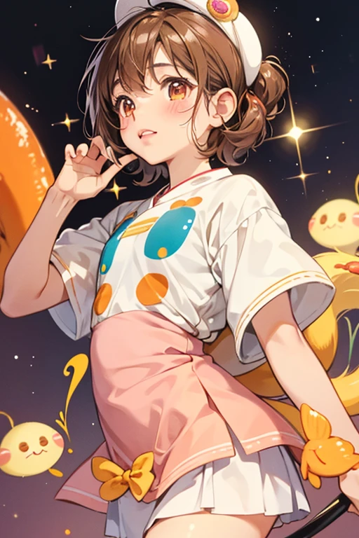Otamatchi has a brown body with . She has a patch of white color on her and has long pink lips. Her eyes are dots and the blush on her cheeks are orange. She also has a tail resembling that of a tadpole. SPARKLE; GLITTER
