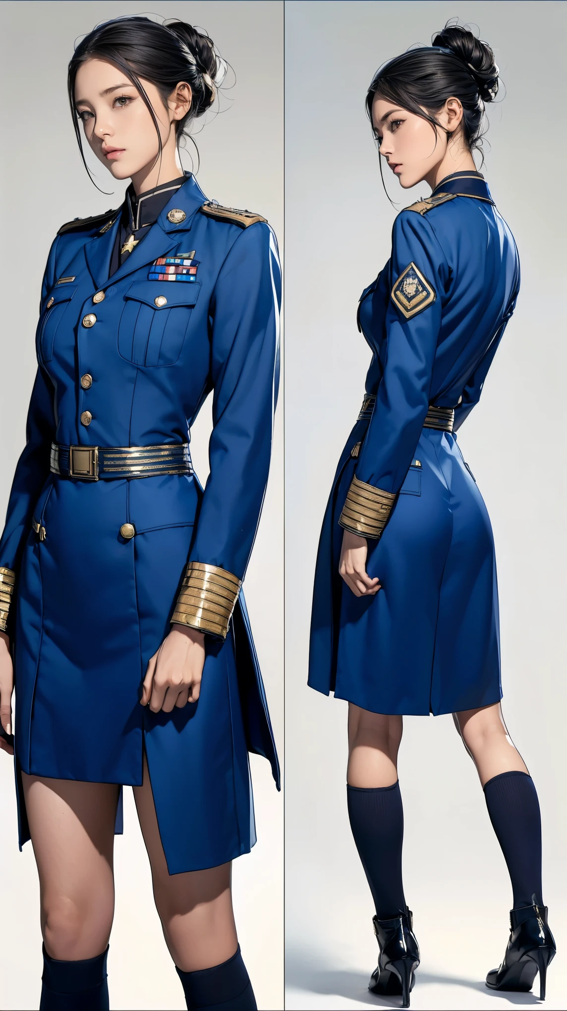 ((masterpiece)),(((highest quality))),((Reference Sheet, Character Design, front, return, ~ ~ side, Mr..々Hairstyle, Mr..々Performance, Facial Expressions)), -yeld gi Cute type, (Very slim:1.4), (Very small ass:1.4), Realistic buttocks, Medium chest,Short Bob, Thin thighs, Long legs, It's not a big deal,(A female Earth Federation officer is walking), (Wearing Earth Federation military uniform, White and navy blue military uniform),(Worn by federal government employees'White Hat:1.5)