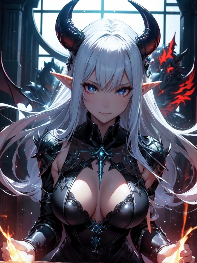 最高quality、1 woman elf、close-up shot,The Strongest Succubus、cowboy shot、Magnificent Demon Throne、Bone decoration、Giger-esque　Intense movement、、Big welcome！、Flashy Effects、Like in the anime、action、、Beautiful Devil&#39;s Tiara、 NP: 最悪のquality , fractal art　((Giant Sword、))((優しいsmile　))SMqueen、Orgasm、Ecstasy、Bigger on the front、 Beautiful sparkle,High-definition depiction, Realistic, 8k, Unity, ,Bold shots,Giant Devil's Wings、黒colorに輝く翼、、 light smile, Beautifully and vividly drawn, , Beautiful, beautiful, clear skin、A beautifully decorated magic wand with a sparkling glow、  、Beautifully decorated horns、 , Beautiful Landscape、 Romanticism,mosquito。 The most beautiful form of chaos, Mr..々color, Intertwined flowers, P article,Magical gentle light,smile,,image quality、masterpiece、Beautiful Face、Super beautiful elf woman((Big breasted 22 year old office lady、Bust 90,Beautiful long ironed hair、Silver Hair、height: 165cm。、Esbian、、高quality、、Visual Arts、最high quality、1 woman elf NP: Worst quality ,beautiful fractal art　Marble pillar、、、light、Beautiful radiance,High-definition depiction, Realistic, 8k, Unity, , light smile, Beautifully and vividly drawn, , Beautiful, beautiful, clear skin、 ((see-through bodystocking,))Countless rays of light pouring down, Swirling Light, big background, , Intense light is emitted from the magic circle in front of the girl. Romanticism,Cowboy Shot:  quality