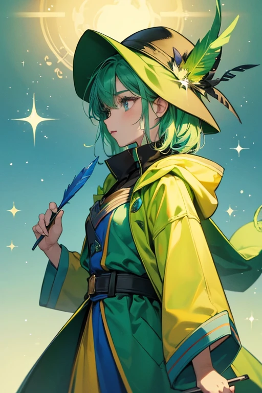 SHE has a yellow body and wears a green coat that has also has a hood. SHe wears a blue green hat with a feather sticking out and is usually holding a magic crayon. SPARKLE; GLITTER