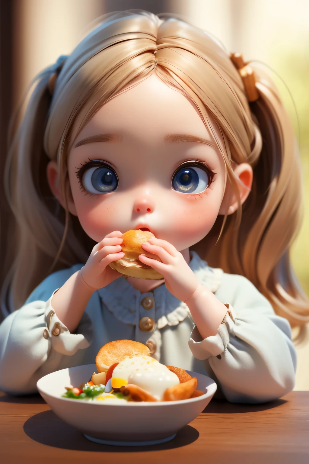 Photorealistic Chibi Girl Doll、sitting at the table eating breakfast、Detailed face、Beautiful Eyes、Detailed Hair、Delicate hands、Complex clothing folds、Warm lighting、Soft Focus、8K、high quality、masterpiece、Ultra-realistic、Detailed Texture、Realistic lighting and shadows、Bright colors、Natural tones