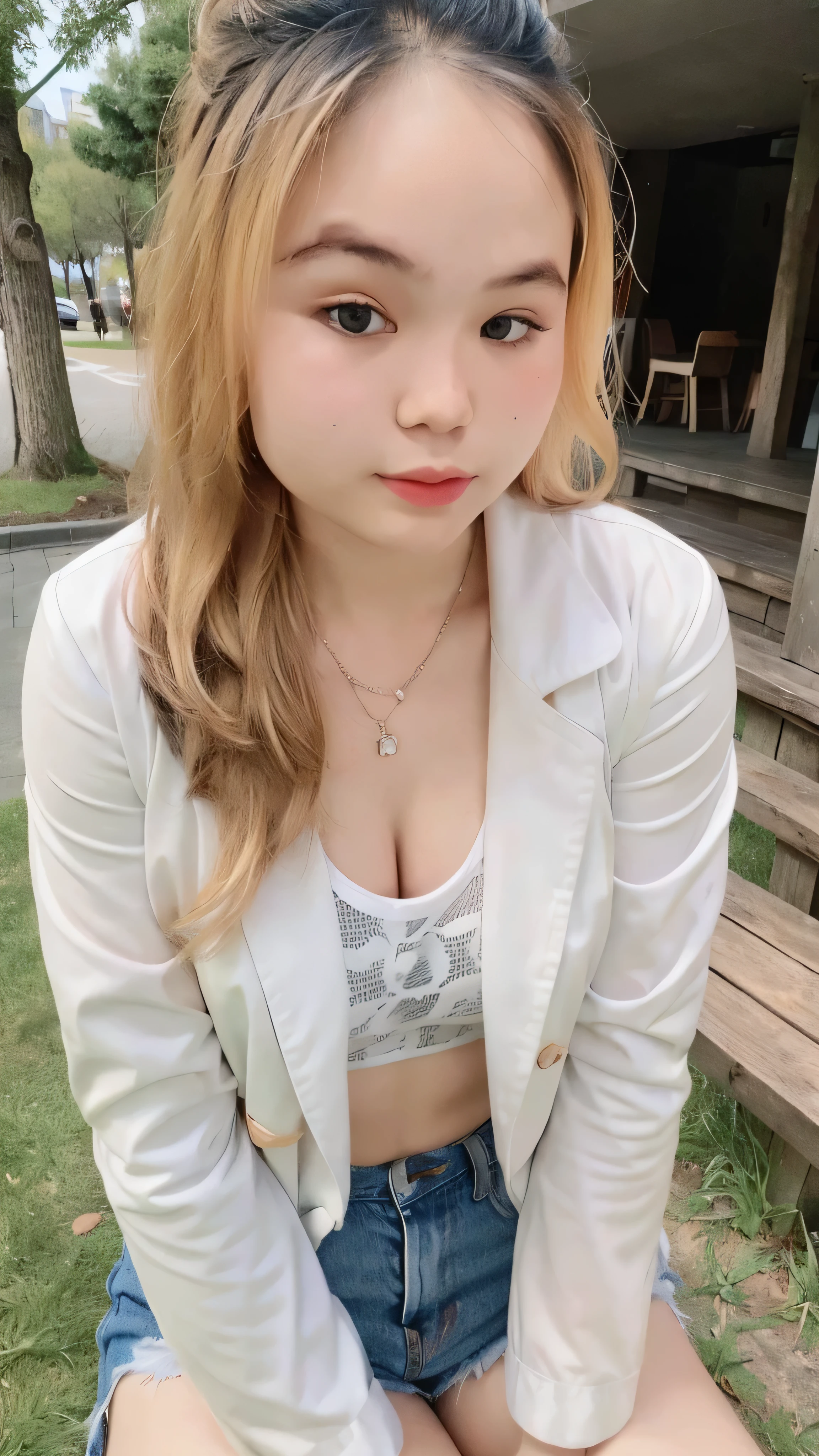 1girl, cute, smaller chest, blonde hair, long hair, wavy hair, bangs, open white jacket, sheer tank top, shorts jeans, sitting, outdoor, full-body portrait, (best quality,4k,8k,highres,masterpiece:1.2),ultra-detailed,(realistic,photorealistic,photo-realistic:1.37)