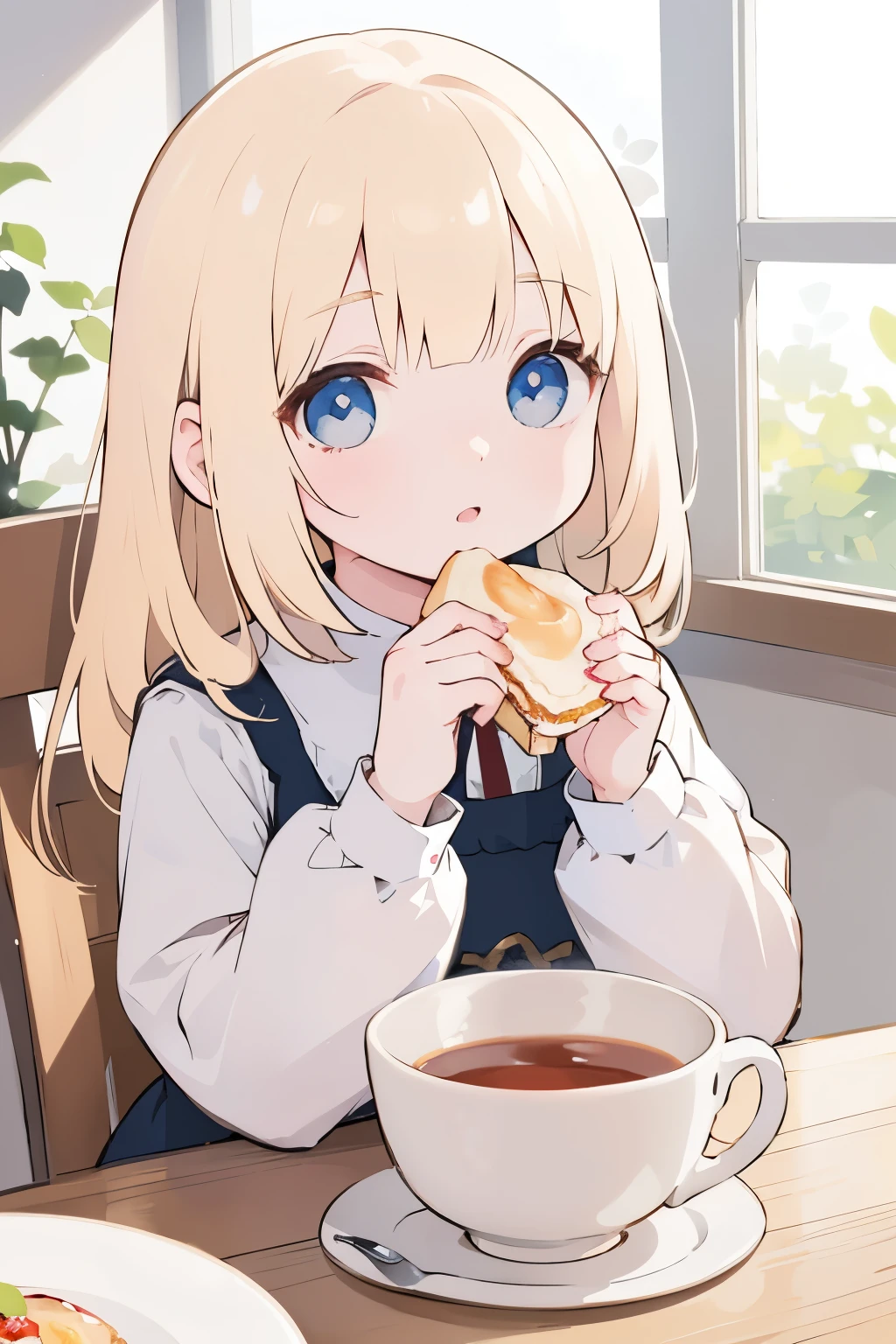 Photorealistic Chibi Girl Doll、sitting at the table eating breakfast、Detailed face、Beautiful Eyes、Detailed Hair、Delicate hands、Complex clothing folds、Warm lighting、Soft Focus、8K、high quality、masterpiece、Ultra-realistic、Detailed Texture、Realistic lighting and shadows、Bright colors、Natural tones