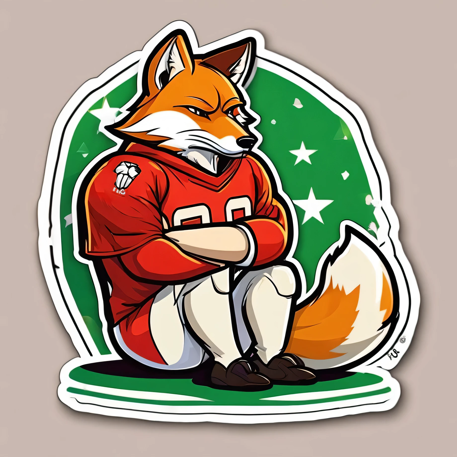 sticker, style of Vladimir Suteev, stern fox football player, Lonely, Good, presses his paws to his chest, bends over, apologizes, asks for forgiveness,