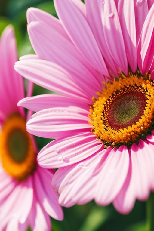 pink gerbera flowers,sunny weather,close up,Highly detailed,water drop,Nature Photography,beautiful
