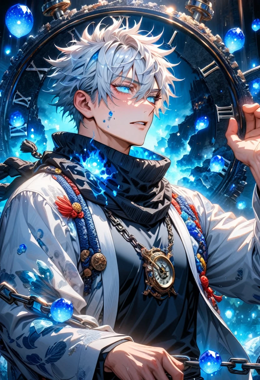 absurdres, highres, ultra detailed, HDR, master piece, best quality, Gojo Satoru, white hair, hair between the eyes, with bangs, expressive blue eyes, white eyelashes, jujutsu kaisen, solo, sexy man, handsome, white haori, black tight T-shirt, black scarf, clock mechanical blue moon, fantasy, chains, blue fireflies, blue lightning, void, magic