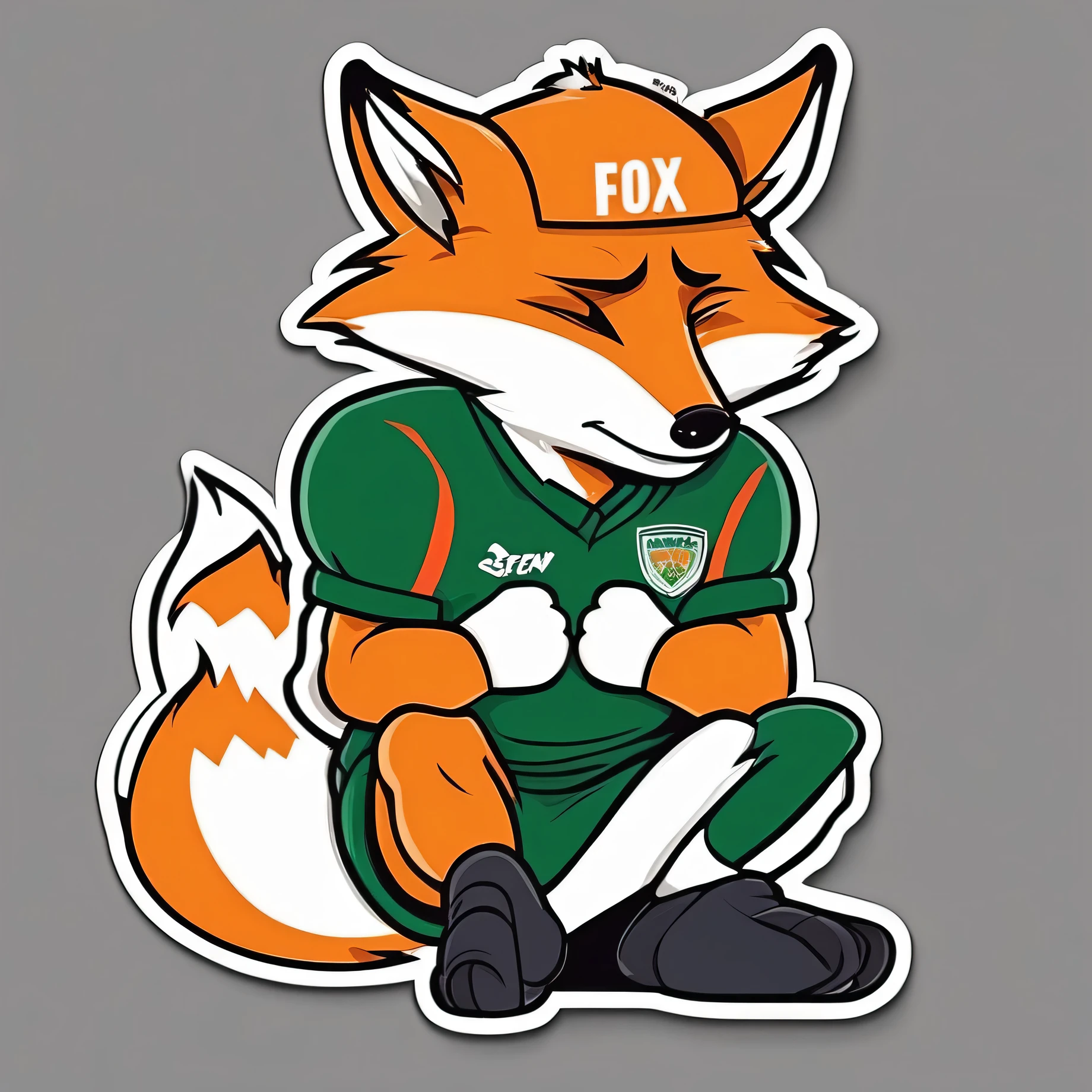 sticker, style of Vladimir Suteev, stern fox football player, Lonely, Good, presses his paws to his chest, bends over, apologizes, asks for forgiveness,