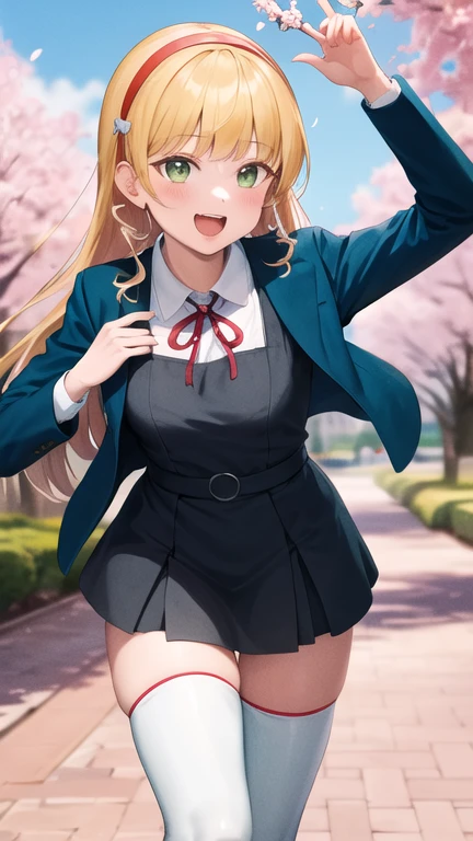 masterpiece, best quality, highres, sumire1,1girl, hairband, long hair, 1girl, solo, white thighhighs, , red ribbon, neck ribbon, grey dress, blue jacket, open jacket, blunt bangs, pinafore dress, white shirt, long sleeves, collared shirt, medium breasts, standing, cowboy shot, smile, open mouth, leaning forward, outdoors, cherry blossoms,