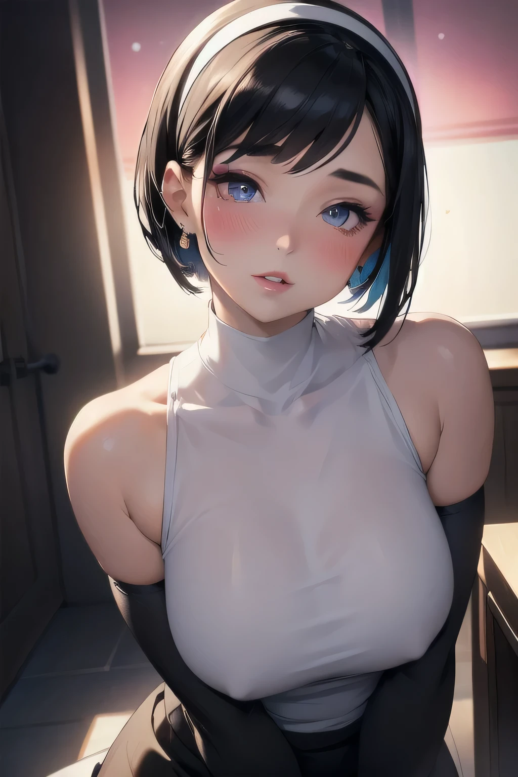 Amazing portrait of a sexy woman with a beautiful face emphasized by amazing makeup and beautifully detailed eyes with perfect lips wearing her short black hair in a bob with a white hairband blushing intensely as she's flustered and lustful wearing some elegant earrings and a black sleeveless sweater accentuating her medium chest paired with a cream skirt that accentuates her thick curvy body making her look hot with vibrant colors and soft lighting