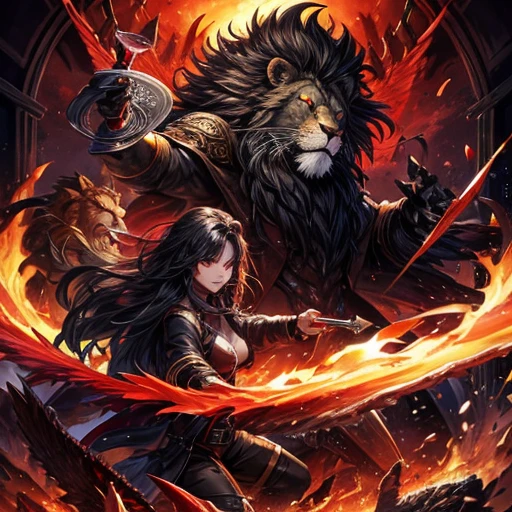 Lion, Black Hair, Red eyes, wing, Very monstrous　Powerful Warrior　Eat steak　wine glass with red wine