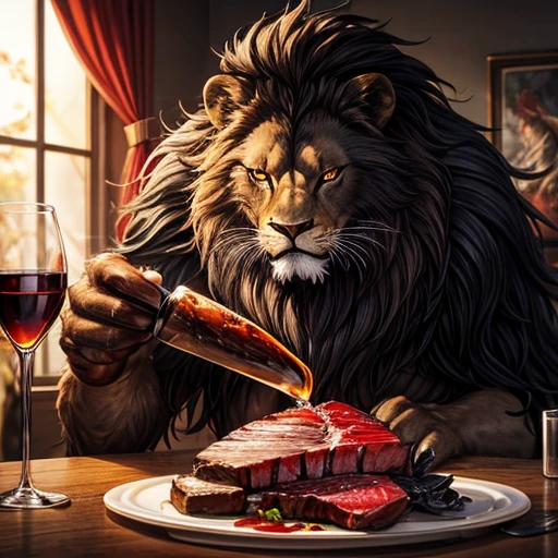 Lion, Black Hair, Red eyes, wing, Very monstrous Powerful Warrior Eat steak wine glass with red wine