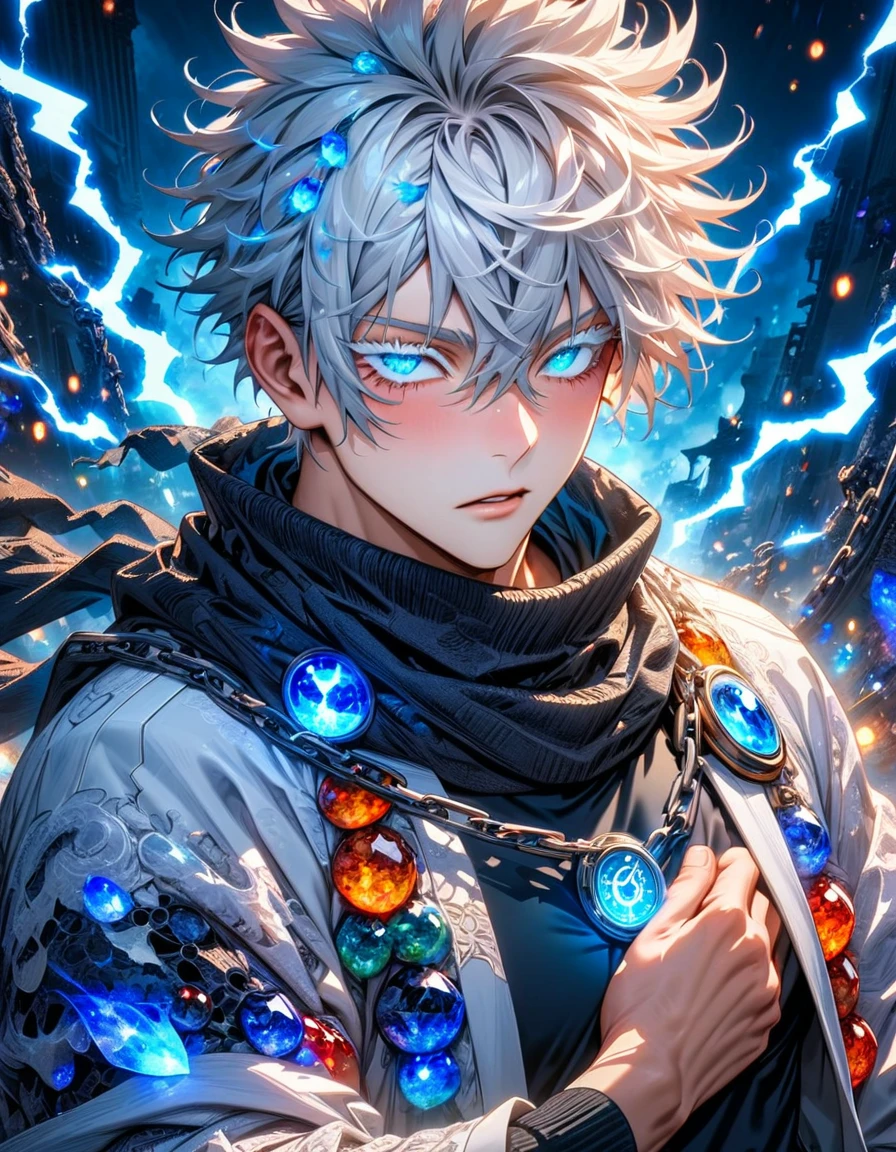 absurdres, highres, ultra detailed, HDR, master piece, best quality, Gojo Satoru, white hair, hair between the eyes, with bangs, expressive blue eyes, white eyelashes, jujutsu kaisen, solo, sexy man, handsome, white haori, black tight T-shirt, black scarf, clock mechanical blue moon, fantasy, chains, blue fireflies, blue lightning, void, magic