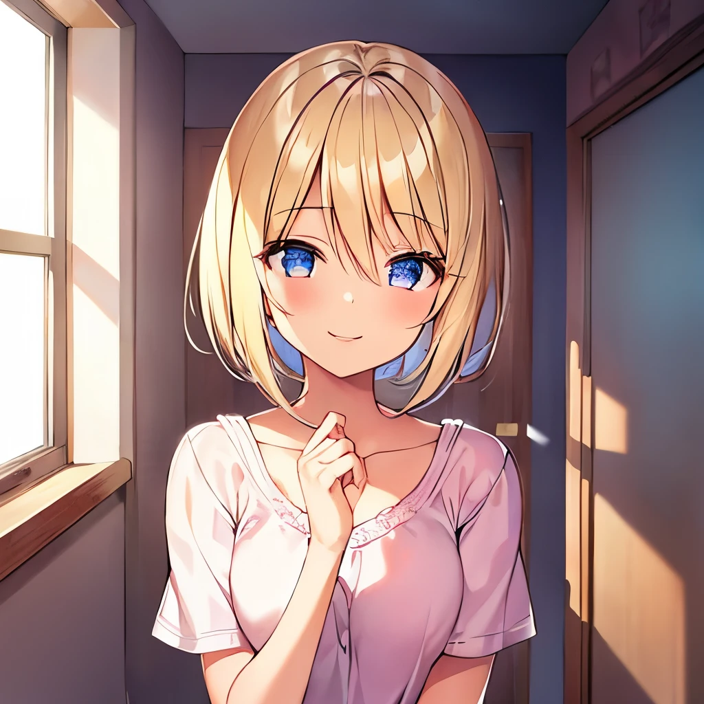 1 girl、19-year-old female、Asian、cute、Blonde、Bob Hair、Brown skin、alone、Beautiful smile、Looking up、room、one's home、living、Casual clothing、HD Fine、Very detailed、Masterpiece、Cinema Lighting、(8k、highest quality、Masterpiece:1.2)、(Realistic、Photorealistic:1.37) High resolution