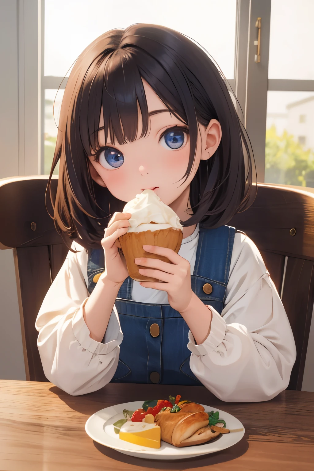 Photorealistic Chibi Girl Doll、sitting at the table eating breakfast、Detailed face、Beautiful Eyes、Detailed Hair、Delicate hands、Complex clothing folds、Warm lighting、Soft Focus、8K、high quality、masterpiece、Ultra-realistic、Detailed Texture、Realistic lighting and shadows、Bright colors、Natural tones