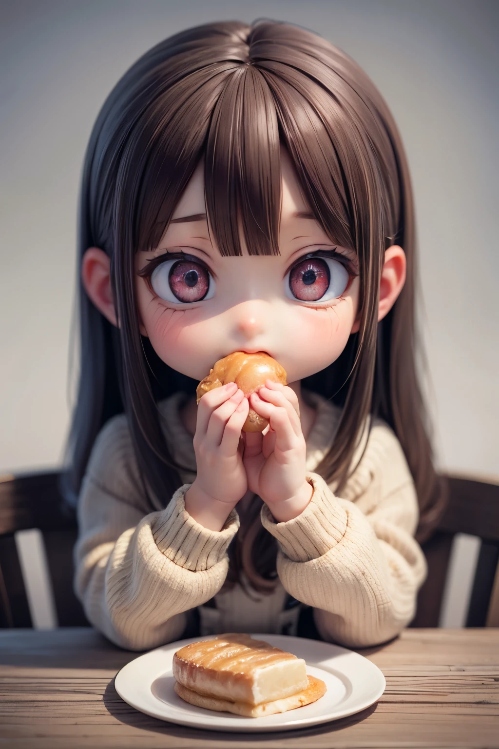 Photorealistic Chibi Girl Doll、sitting at the table eating breakfast、Detailed face、Beautiful Eyes、Detailed Hair、Delicate hands、Complex clothing folds、Warm lighting、Soft Focus、8K、high quality、masterpiece、Ultra-realistic、Detailed Texture、Realistic lighting and shadows、Bright colors、Natural tones