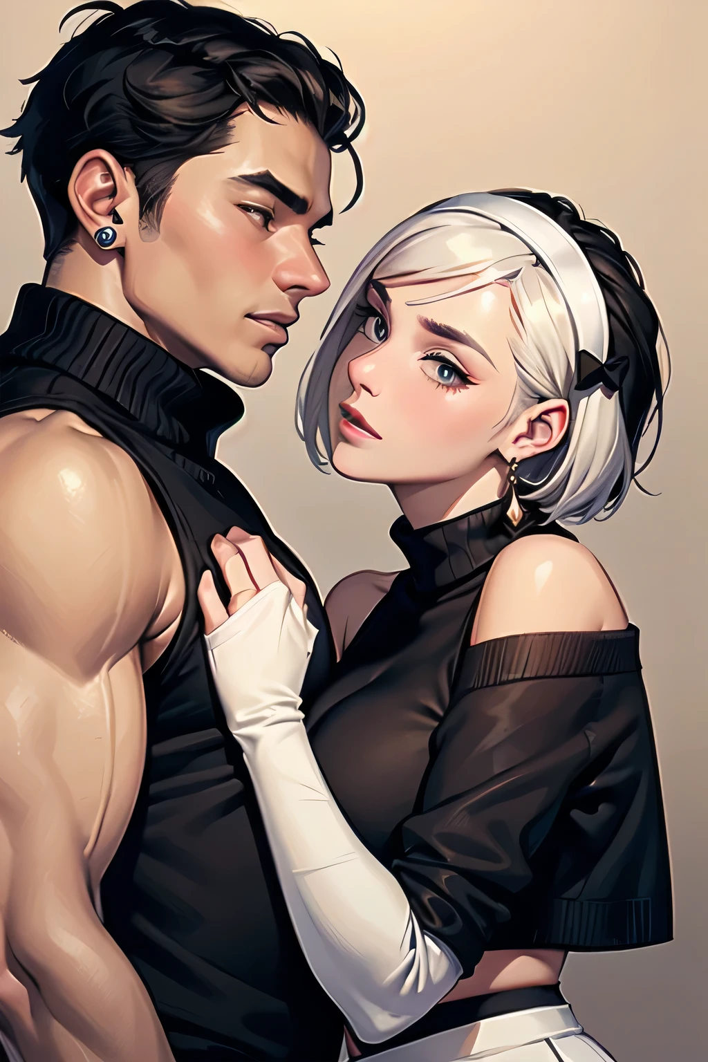  Amazing portrait of a sexy woman wearing her short black hair in a bob with a white hairband and some elegant earrings and a black sleeveless sweater paired with a cream skirt kissing and making out passionately with a shirtless boy in an intimate setting