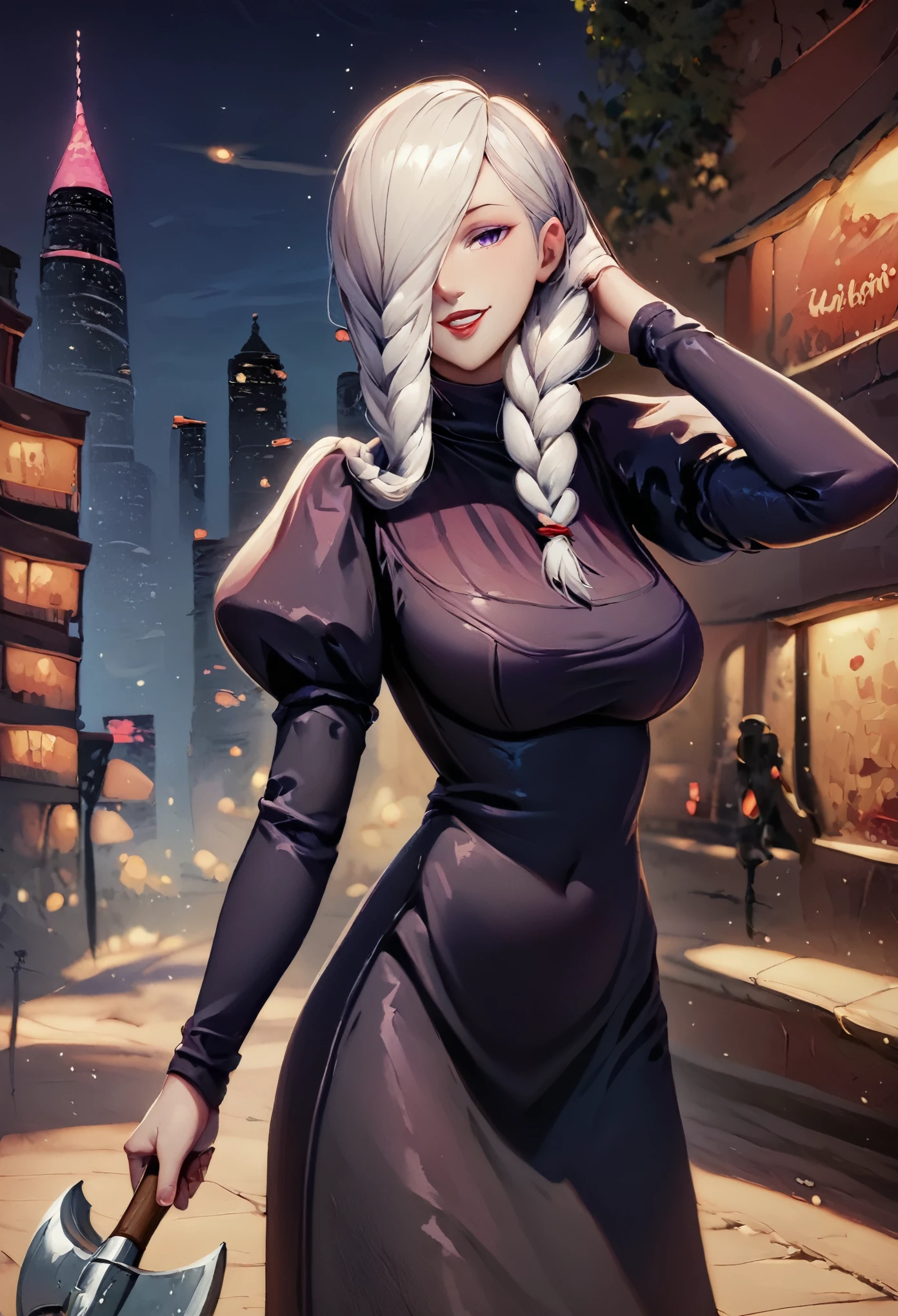 score_9_up, score_8_up, score_7_up, 1girl, solo, mature female, mei mei, (((holding axe))), (((large axe))), hand in hair, crow on shoulder, looking at viewer, white hair, braid, hair over one eye, half closed eye, braided ponytail, braided bangs, purple eye, red lips, parted lips, smile, long sleeves, dress, puffy sleeves, black dress, juliet sleeves, turtleneck dress, outdoors, night time, city, standing