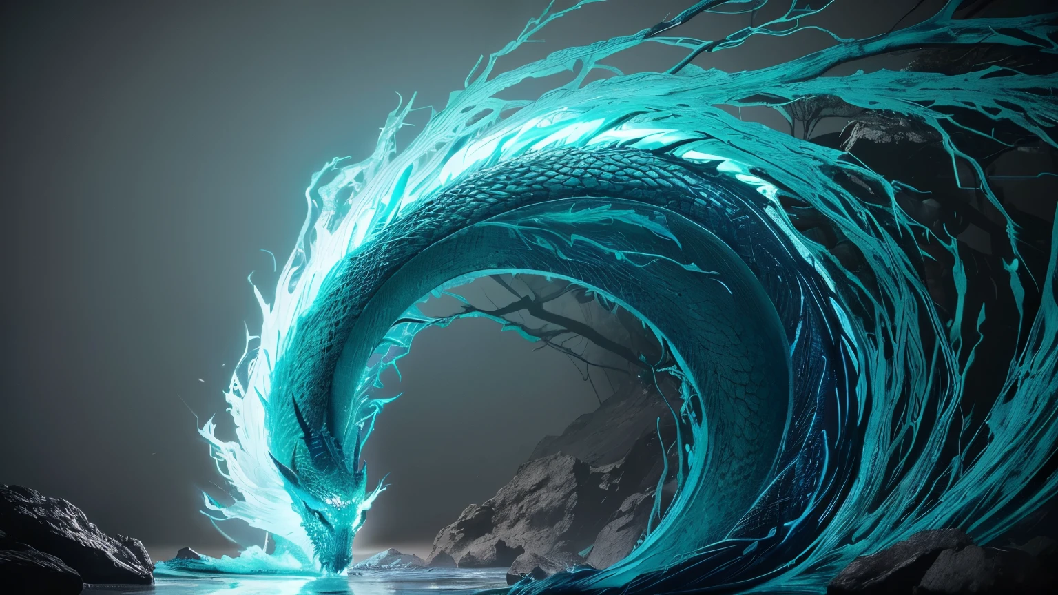 ((melhor qualidade)), ((Obra de arte)), (detalhado), formas liquidas, formatos de raiz de arvores, explosion of neon paint in a color gradient of light blue and water green, fundo preto, dragon scales background as watermark in dark gray color
