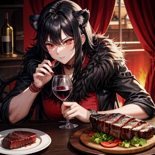 Lion, Black Hair, Red eyes, wing, Very monstrous Powerful Warrior Eat steak wine glass with red wine restaurant dinner