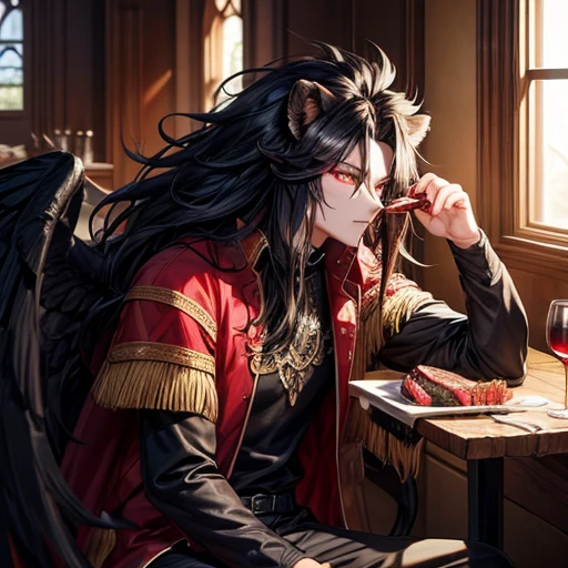 Lion, Black Hair, Red eyes, wing, Very monstrous　Powerful Warrior　Eat steak　wine glass with red wine