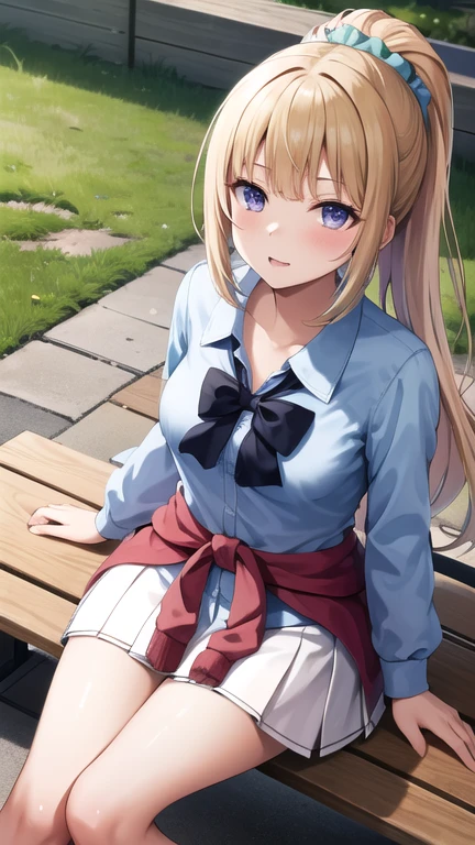 masterpiece, best quality, highres, aakei, long hair, blonde hair, ponytail, hair scrunchie, blue bowtie, collared shirt, blue shirt, sleeves rolled up, clothes around waist, pleated skirt, white skirt, sitting, outdoors, bench,