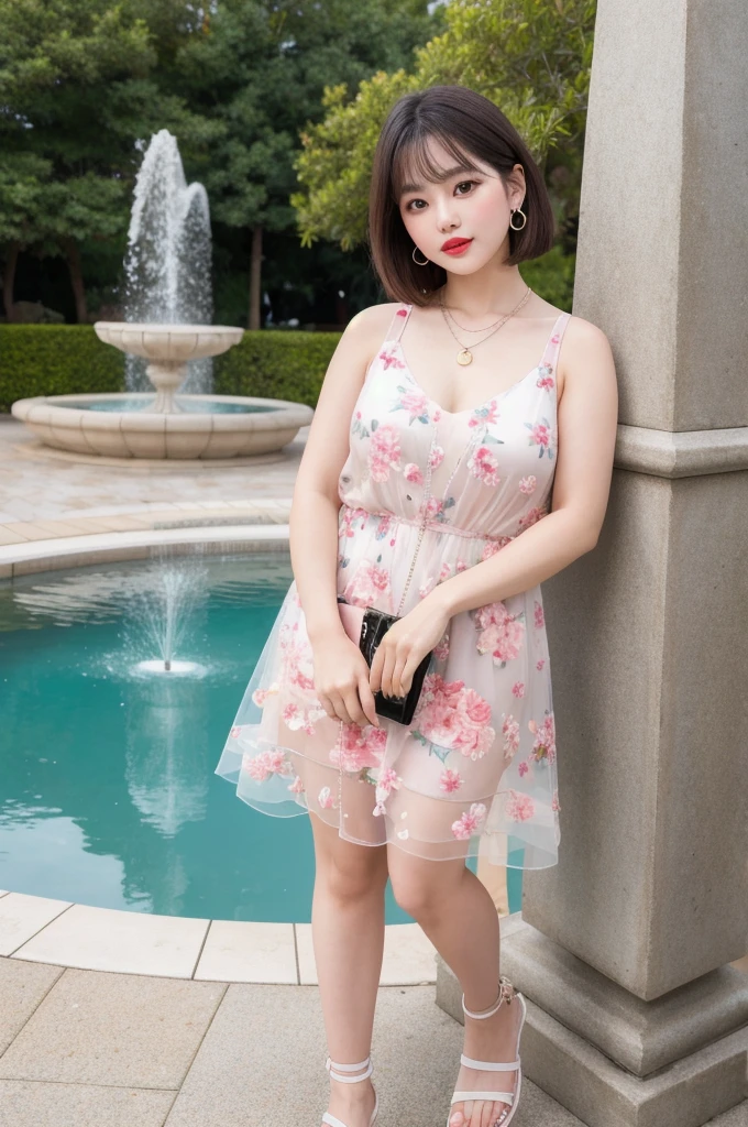 (8k, Photorealistic, Raw photo, Highest quality: 1.4),Japanese idol-style beautiful girl,1 person,18-year-old,Hairstyle(Black,Short Bob,Disarray),Hang your hair over your ears,She has small platinum earrings in her ears.,Big, clear grey eyes,Long eyelashes,Plump Cheeks,She has pale pink lipstick on her lips.,Apply gloss over your lipstick for glossy, plump lips,A short pendant is hanging around her neck,Pale pink nail polish on the nails of both hands,She is wearing a sheer sleeveless floral dress.,Wearing sandals,Standing with a park fountain in the background,Full body portrait