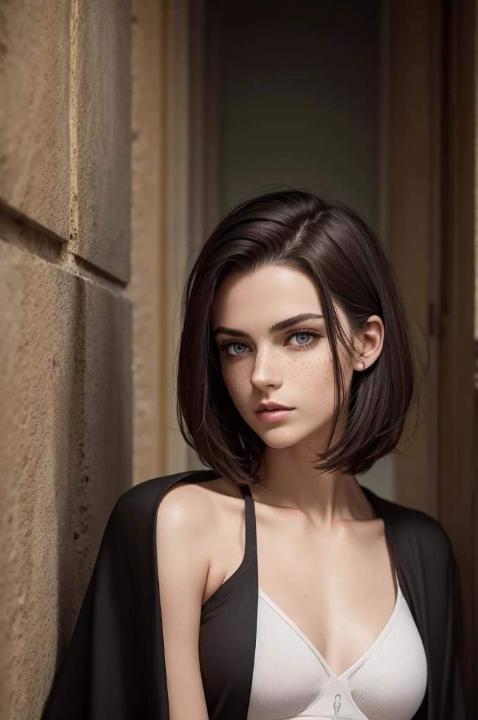 young androgynous woman. Very short dark-brown hair. Manly haircut. Sides shaved. Undercut. Very pale skin with freckles and liverspots. Slim. . Wide forehead. Upturned eyes. Dark-brown eyecolour. Thin barely visible eyebrows. Long wide nose. Curved lips. Round soft face. Round soft chin. Long neck. . Long thick legs. Wide hips. Kind. Friendly. Happy. Wearing a robe of a dark priest. Background: A beautiful colourful landscape with mountains in the back.