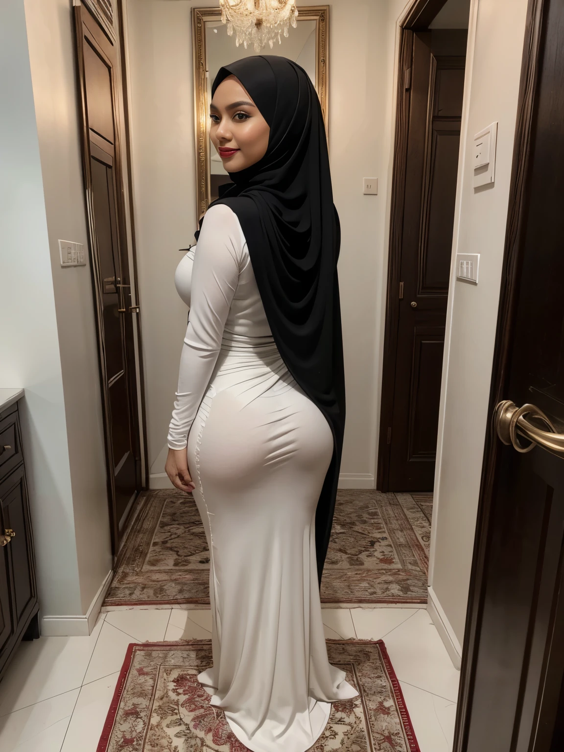 (double exposure), back view, (full body), in a private chamber, A gorgeous matured teacher (stood) behind white wall,((35 year old)), ((malay women)), curvy fit body shape, bigger ass, gluteal,busty, (wore fitted white long sleeves baju kurung),((black hijab)),(wedding veil), private room, arabic caligraphy, pov, solo, single, skin texture, ultra high res, RAW, instagram LUT, masterpiece, best quality, ultra-detailed, ultra high resolution, RAW, 4k, (looking at viewer), extremely detailed eyes and face, (beautiful detailed nose), (beautiful detailed thigh), (beautiful detailed eyes), perfect body proportion, (looking at viewer), smirk, red lips,ceramic floor, (black hijab)