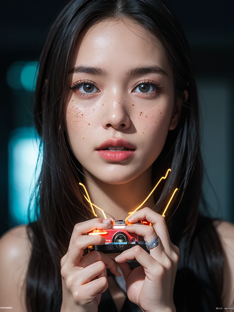 (masterpiece, best quality:1.2), (8k uhd, 16k, 32k, ultra high res), (photorealistic:1.37), (RAW photo), ultimate-realistic, ultimate-realistic details, ultimate-realistic texture, ultimate-intricate details, ultimate-realistic lighting, ultimate-realistic shadow, japanese girl, 1girl, 24yo, ultimate-cute face, ultimate-RAW skin, ultimate-eyes, ((upper body)), A pulsating neon cyberpunk cityscape, every pixel radiates with a vivid intensity against a dark backdrop. Blazing streaks of electric blue and vibrant pink intertwine, creating a mesmerizing visual symphony. The image is a highly detailed digital painting, displaying a futuristic world of advanced technology and urban decay. The intricate design and impeccable color palette evoke a sense of awe and wonder, making it a breathtaking addition to any smartphone screen, Hasselblad X2D 100C + XCD 2,5/25V, F/1.8, (cinematic still:1.2), freckles, 35mm photograph, film, bokeh, professional, 4k, highly detailed, perfect fingers ,Extremely Realistic, UHD,