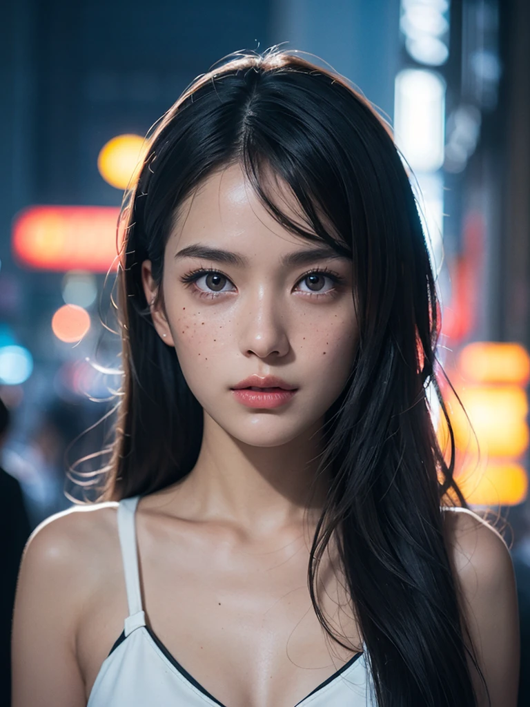 (masterpiece, best quality:1.2), (8k uhd, 16k, 32k, ultra high res), (photorealistic:1.37), (RAW photo), ultimate-realistic, ultimate-realistic details, ultimate-realistic texture, ultimate-intricate details, ultimate-realistic lighting, ultimate-realistic shadow, japanese girl, 1girl, 24yo, ultimate-cute face, ultimate-RAW skin, ultimate-eyes, ((upper body)), A pulsating neon cyberpunk cityscape, every pixel radiates with a vivid intensity against a dark backdrop. Blazing streaks of electric blue and vibrant pink intertwine, creating a mesmerizing visual symphony. The image is a highly detailed digital painting, displaying a futuristic world of advanced technology and urban decay. The intricate design and impeccable color palette evoke a sense of awe and wonder, making it a breathtaking addition to any smartphone screen, Hasselblad X2D 100C + XCD 2,5/25V, F/1.8, (cinematic still:1.2), freckles, 35mm photograph, film, bokeh, professional, 4k, highly detailed, perfect fingers ,Extremely Realistic, UHD,