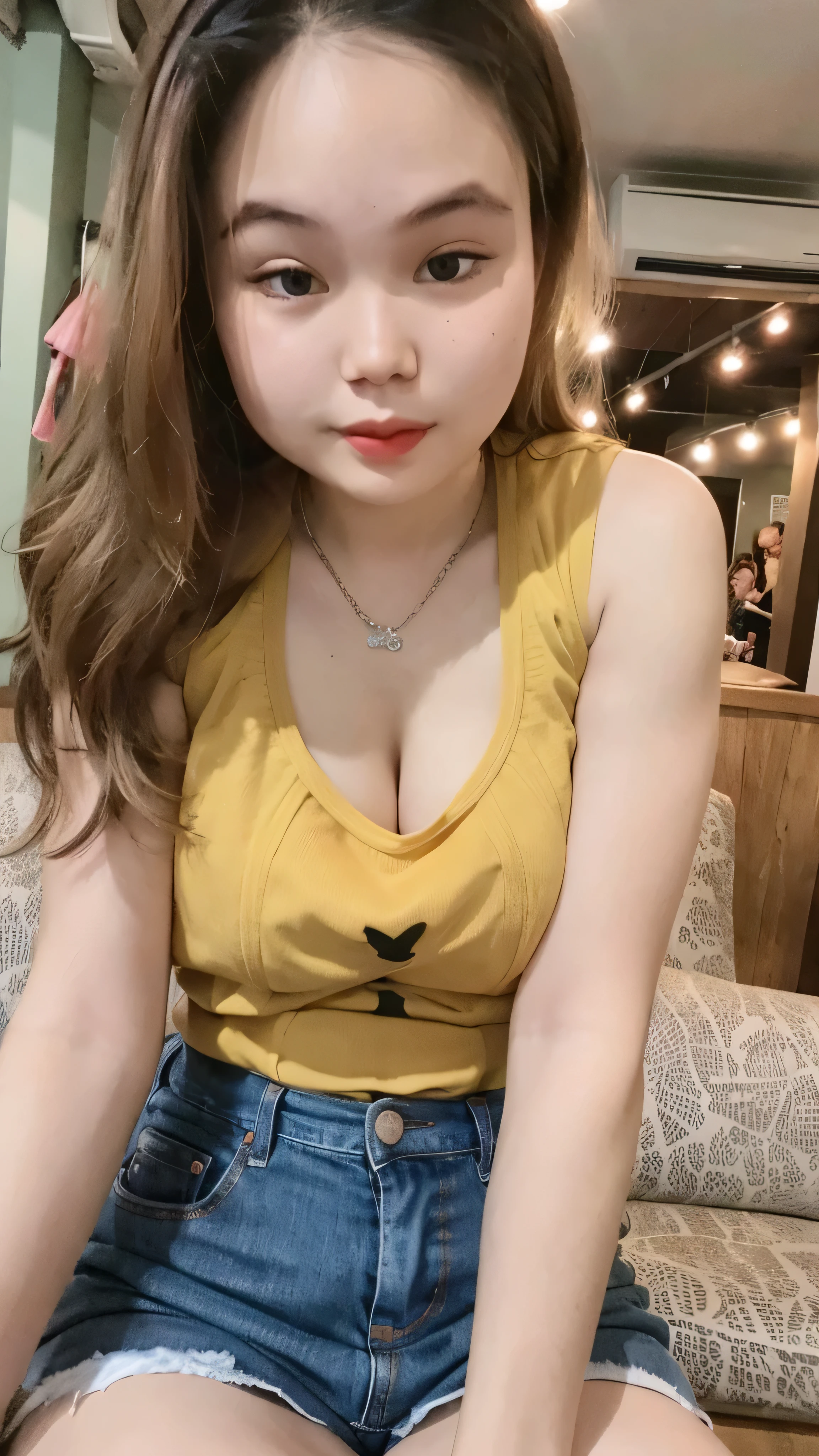 a cute girl with highly detailed eyes and face, realistic face, long brunette hair with bangs, smaller and flat chest, small waist, beautiful thighs, off-the-shoulders top, shorts jeans, whole body portrait, (best quality,4k,8k,highres,masterpiece:1.2),ultra-detailed,(realistic,photorealistic,photo-realistic:1.37), photography, cinematic lighting, warm colors, intricate details, dynamic pose